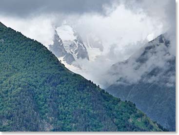 As we looked behind us we could see across to the spectacular high peaks of the Caucasus coming and going through the clouds. We were walking in a misty rain much of today, with a much harder rain impending.