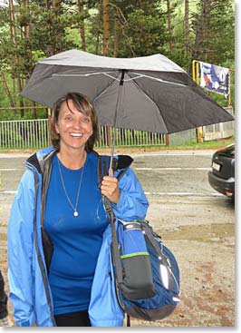 It was raining as we visited the mountaineering stores. There was a short walk between the two, but Margaret is always prepared with her umbrella.