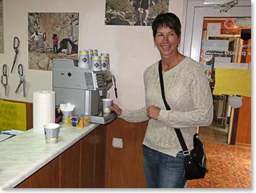 One of the shops offered free coffee to their shoppers. Terri was pleased to grab a cup!