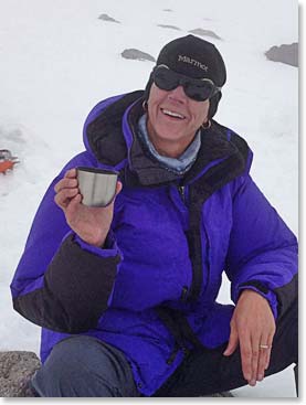 Terri enjoys tea on the top of Pashtukov Rocks yesterday .