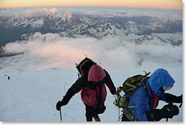 Climbing as the sun rises over the Caucasus Mountains in the early morning is a fantastic experience.