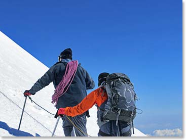 Vladimir and Terri climb above 5,500 meters. This was a special day for Terri. She had turned back at the Saddle on her Berg Adventures climb of Elbrus 2009.