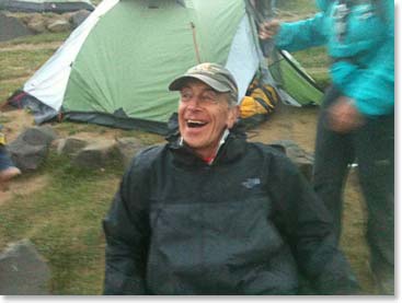 Jan Dekker returns to Green camp. From 2:00am this morning when we first began climbing to 7:00pm when this photo was taken it was quite a day. We have all returned to Green Camp and Jan’s expression says it all!