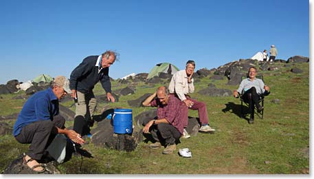 Team getting clean after a full day of hiking