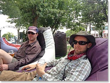 Jim and Jake relaxing at the local plaza