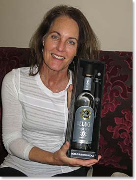 Carolyn and the Beluga Vodka she bought.  It is one of the world’s best Vodka’s and not available for purchase in many places.