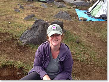 Susan and Valentine returned from the hike early and spent the day with Doc and Mehmet. Valentine reported that she slept the whole afternoon and that it felt great! Here Susan relaxes at Camp I.