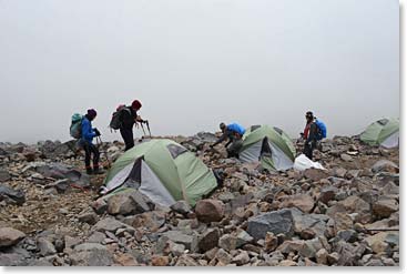 Moving into our tents at High Camp – there are a lot of rocks here!