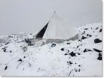 When we returned to High Camp this is what we found: lots of snow!