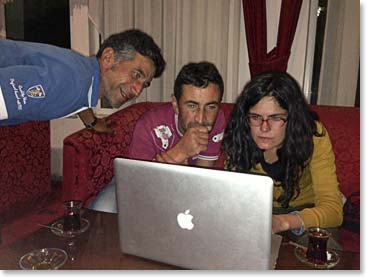 Mehmet, Jamal and Duygu enjoy checking out the dispatches at hotel after we walked all the way from High Camp to Dogubeyazit on Thursday.