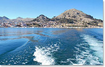 Leaving Copacabana behind by boat on the way to Sun Island