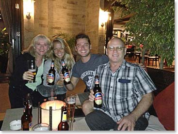 After long flights from Atlanta through Amsterdam, the team relaxed with Kilimanjaro beers at our hotel in Arusha.