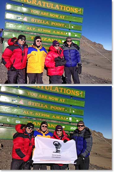 The Sutterlin Family with “Spinal Health Internationals Kilmb 4 Kidz” on the rooftop of Africa, Stella Point 18,900 ft, at 7:30am. Congratulations!