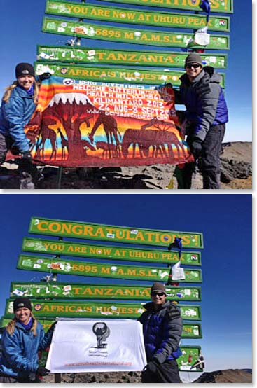 Autumn and Landon, with the Spinal Health International “Kilmb 4 Kidz” banner, summit Kilimanjaro by reaching Uhuru Peak 19,340ft. Great job team!