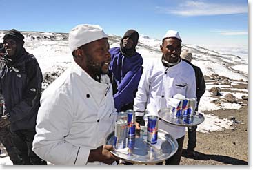 Berg Adventures tradition when groups arrive  to the top – Red Bull for everyone