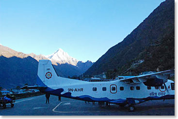 The early morning sun was not even on the runway yet when we landed in Lukla.