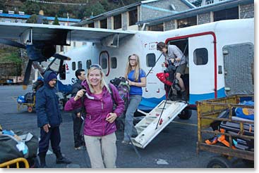 Keely and Alyssa deplane the Sita Air Dornier Airplane. We made it to the mountains!