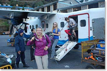 Keely and Alyssa deplane the Sita Air Dornier Airplane.  We made it to the mountains!