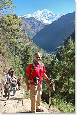 The mountain behind Scot in this photo is Tamserku, elevation 21,680 feet.