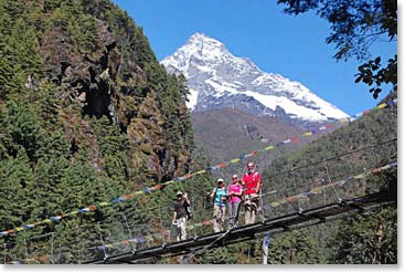 Crossing the last bridge before the trail begins climbing to Namche Bazar