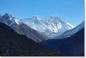 A view of a lifetime: Everest and Lhotse from Namche Bazaar.