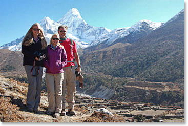 Alyssa, Keely and Scot with one of the most iconic mountain images in the world: Ama Dablam.