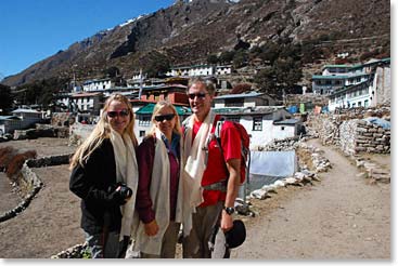 Before we began trekking for Pheriche we paused for a family portrait near the Monastery. The white scarves are our Khata blessings.