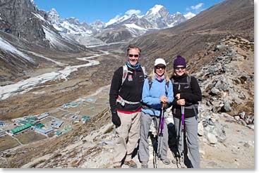 The Sellers had an acclimatization hike to a ridge just above the village of Pheriche. The mountain behind them on the right is the famous Lobuche.
