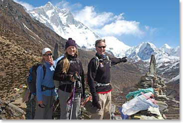 Here the Sellers eagerly point to Island Peak, which they will be climbing next week.