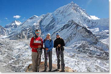 Scot, Keely and Alyssa with Nuptse and the Khumbu Glacier behind