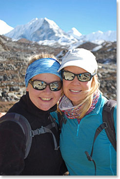 Alyssa and Keely standing in front of Island Peak, which Scot and Sandu summited this morning