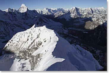 The summit Ridge of Island Peak looks spectacular in early morning light.