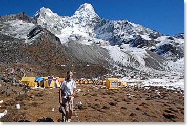 Ama Dablam Base Camp is in a striking location, with the mountain rising majestically above.