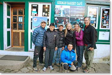 The “German Bakery” in Lukla is located across from the airstrip.  Here is a farewell shot with our Berg Adventures trekking staff.