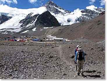 After a long, challenging day of hiking Plaza De Mulas Base Camp is a welcoming site!.