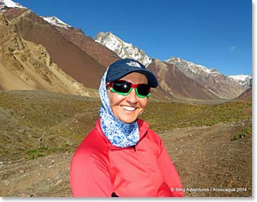 Margaret Suanez enjoying her trek to Plaza de Mulas Base Camp