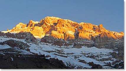A view of the sunset on Aconcagua from Plaza de Mulas after we returned from climbing to Conway rocks.
