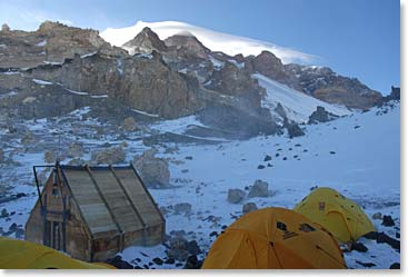 We look ahead to our goal, the summit of Aconcagua, from our windy Berlin High Camp.