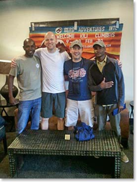 Danny and Hendrik at the Mount Meru hotel with the lead guides for the expedition - Emmanuel and Joseph