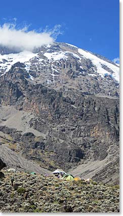 Arriving at Barranco Base Camp below the breach wall of Kilimanjaro