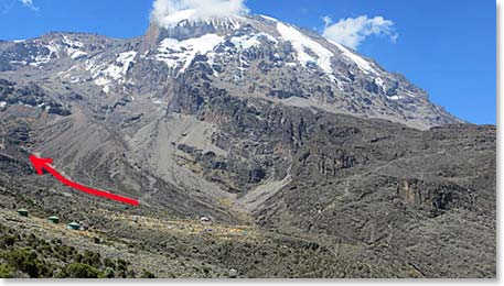 Outlined on this photo is the route the team took to reach Lava Tower from Barranco Camp.