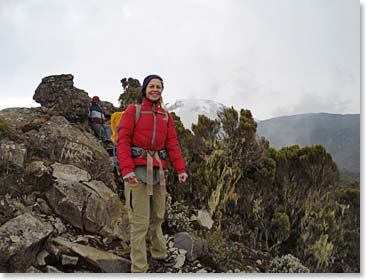 Sheila prepared for any weather on Kilimanjaro!