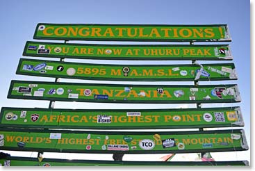 Reaching the highest point in Africa, Uhuru Peak on Kilimanjaro 19,340ft / 5,895m 