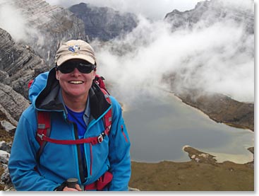 Jen having a great time moving up on Carstensz Pyramid