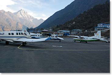 Landing at the Lukla airstrip in the early morning light