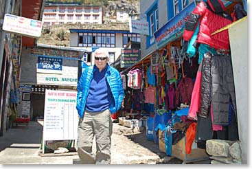 Jim Allen strolling through the shops in the Namche Bazaar