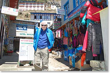 Jim Allen strolling through the shops in the Namche Bazaar 