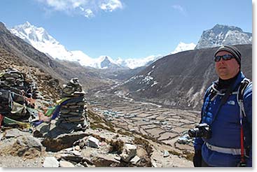 Ryan with the town of Pheriche in the background