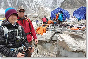 Jackson and Jim Allen take a photo in front of the SPCC Icefall doctors tents where they stopped for lunch.