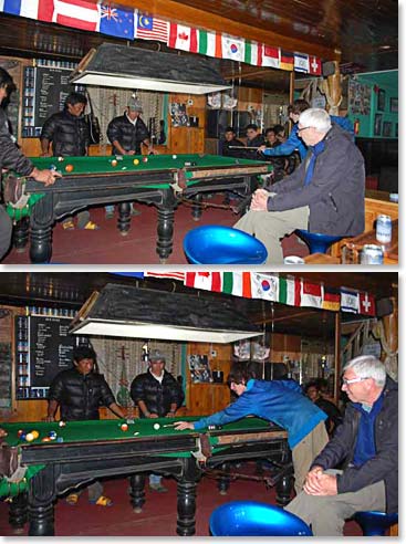 Back in Lukla and it is time to relax and celebrate! A game of pool sounds like a great way to begin the night!